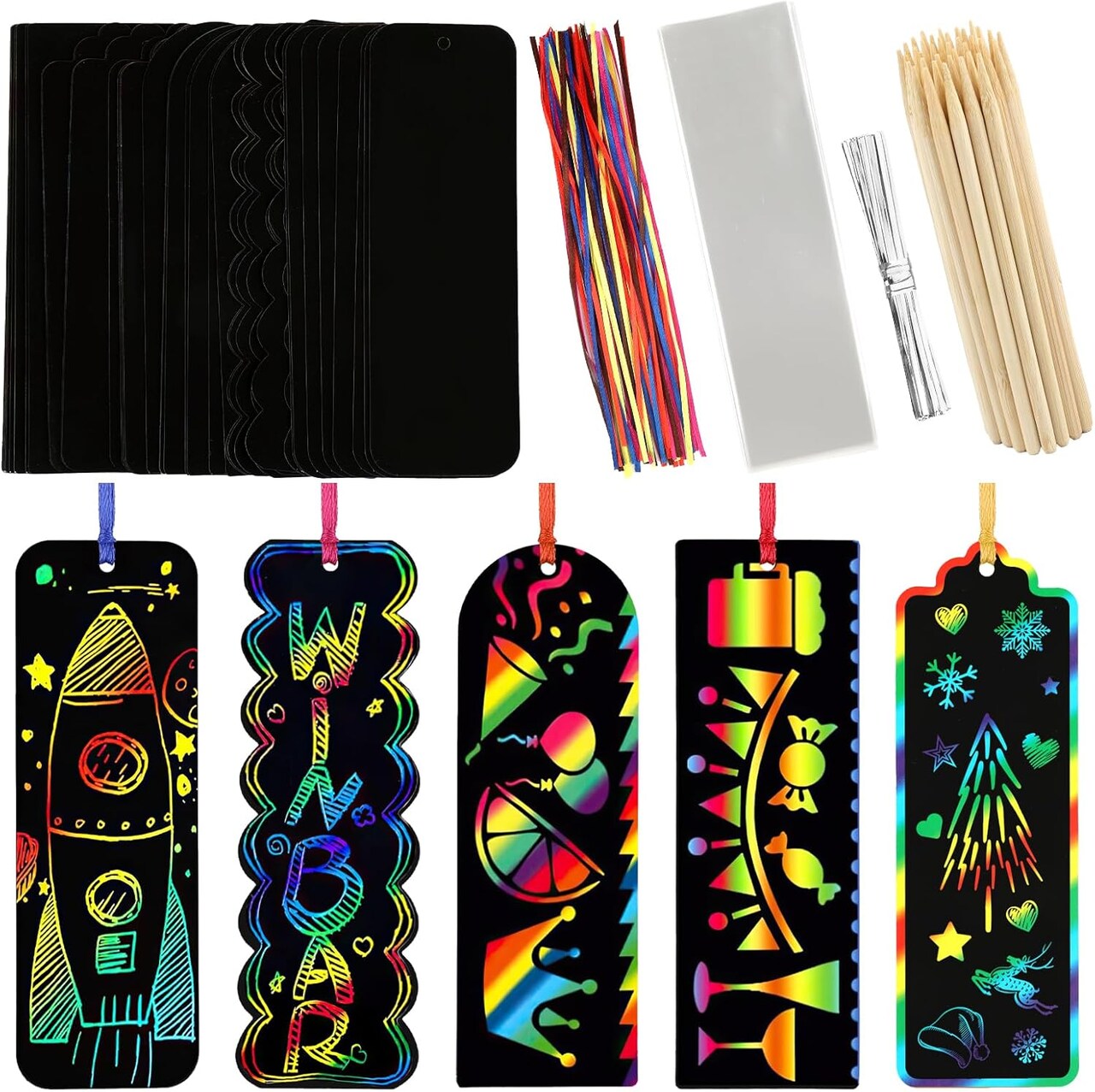 40 Sets Rainbow Scratch Art Bookmarks for Kids – DIY Magic Black Scratch Paper Craft Kit with 5 Styles, Wooden Styluses, Satin Ribbons & Gift Bags, Easter, Eid & Party Favors for Kids Ages 4+ (rainbow)
